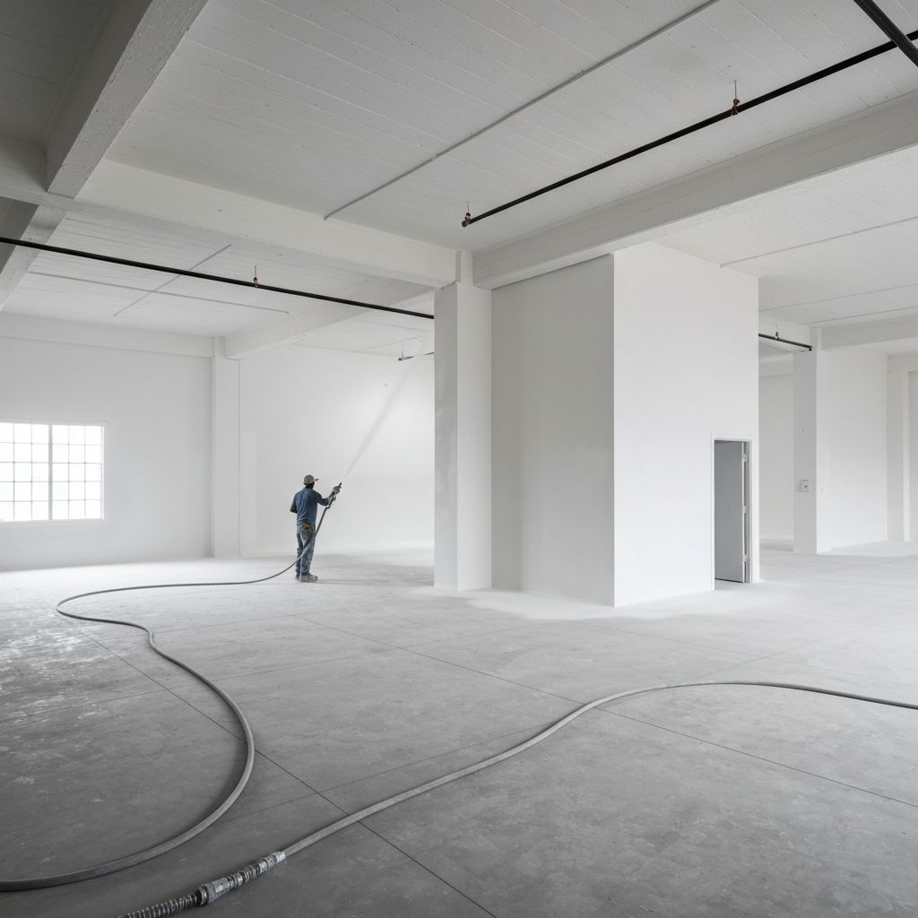 Commercial painting — large open-plan space being sprayed with airless equipment