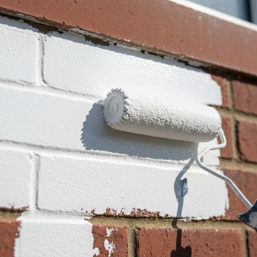 Close-up of exterior masonry being painted with a roller — textured surface
