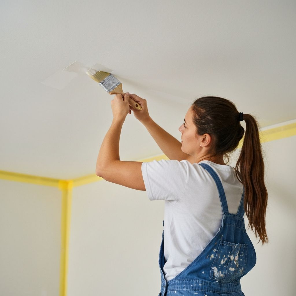Painter carefully cutting in paint along ceiling line — detailed interior work